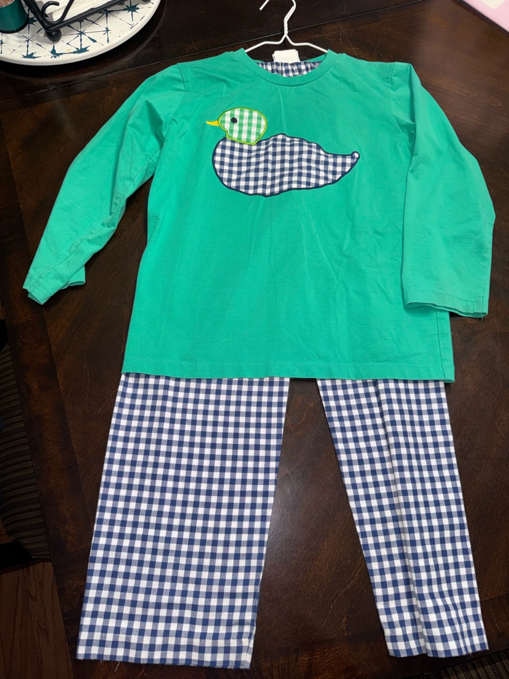 Green Kids Long-Sleeve Top and Navy Gingham Pants Matching Set